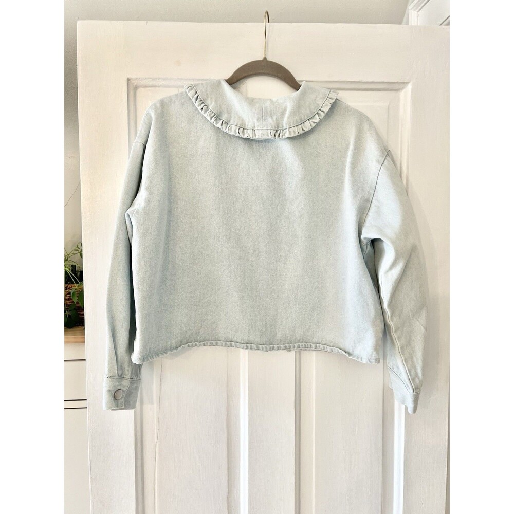 Ellison Oversized Crop Light Wash Denim Jacket Peter Pan Big Ruffle Collar Sz S - Picture 6 of 14